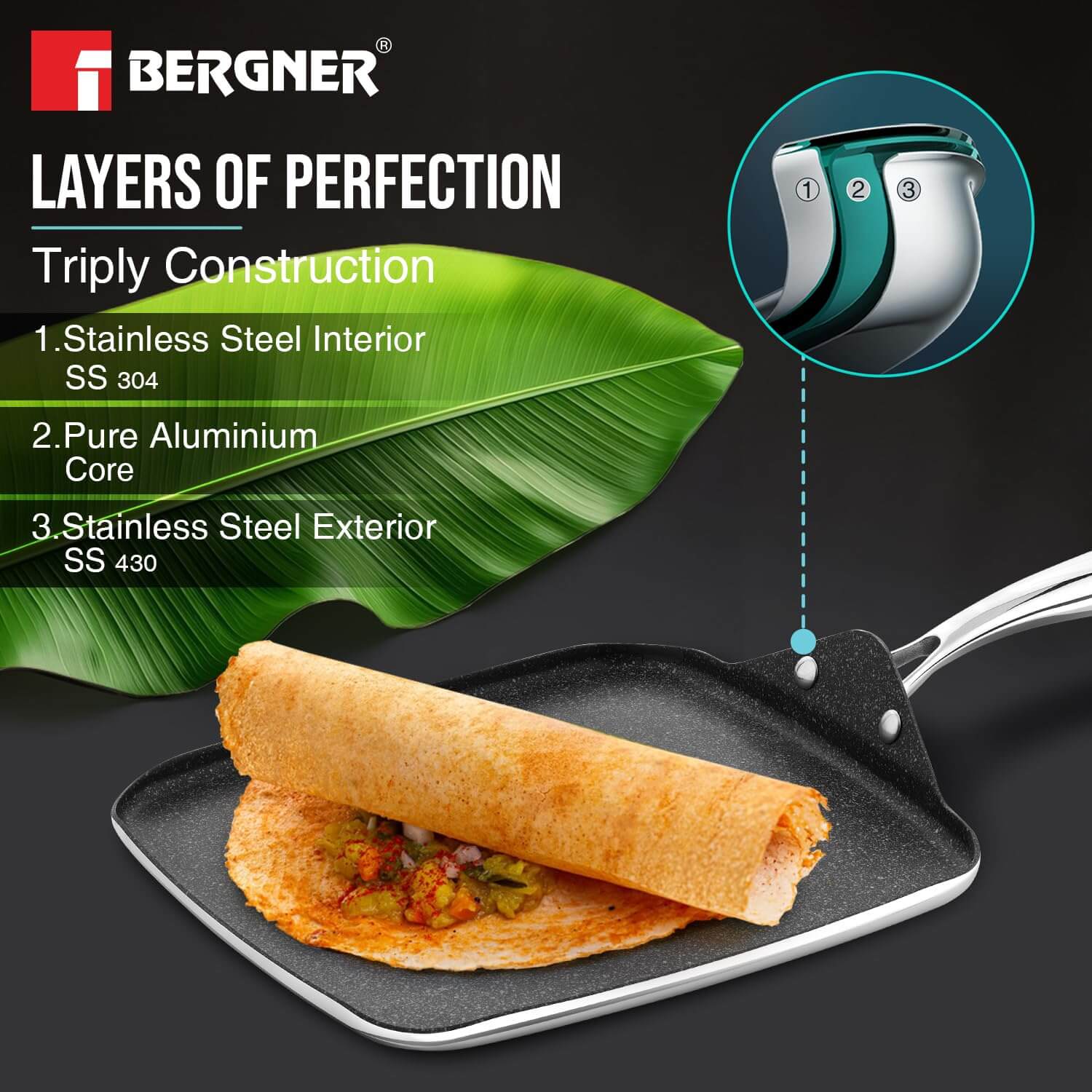 BERGNER 27cm Square Multi Tawa with Tri-Ply Technology with dosa