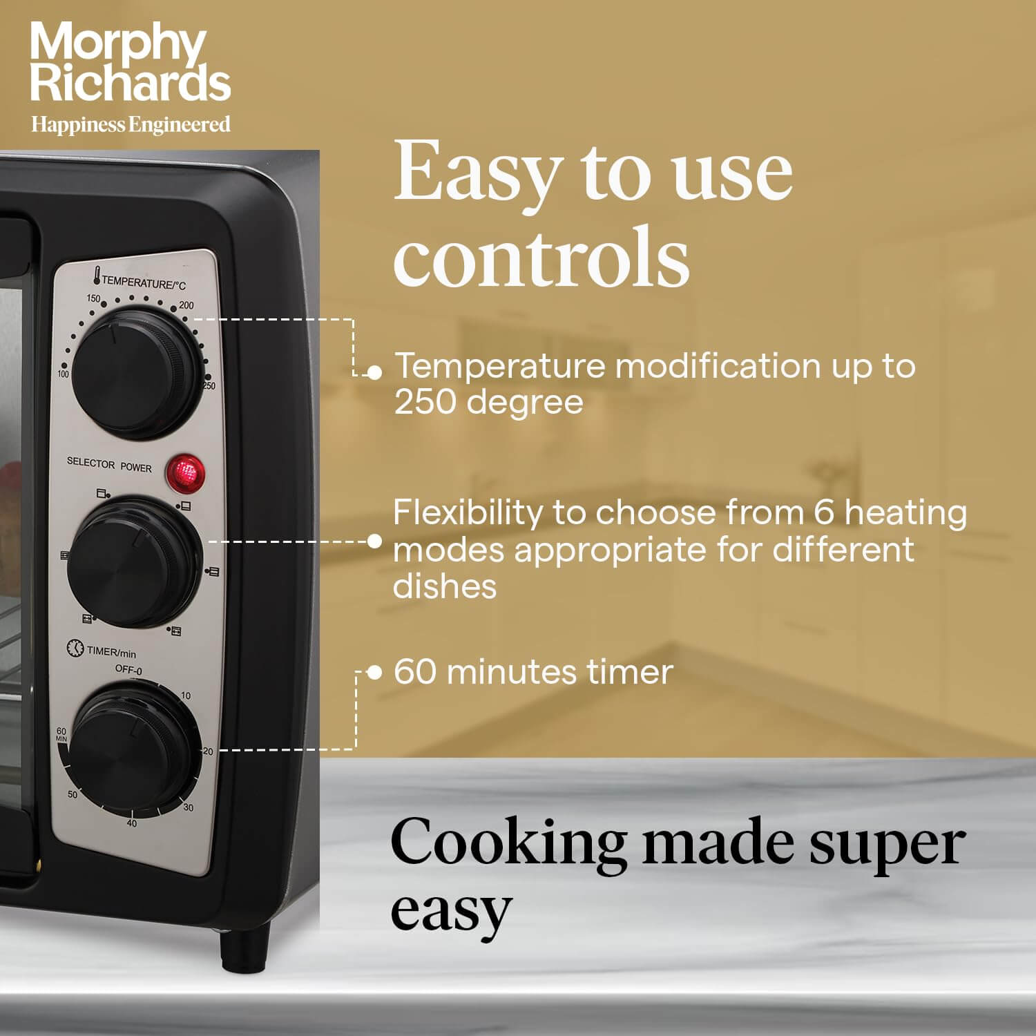 Morphy Richards OTG oven controls with temperature settings, 6 heating modes, and 60-minute timer.