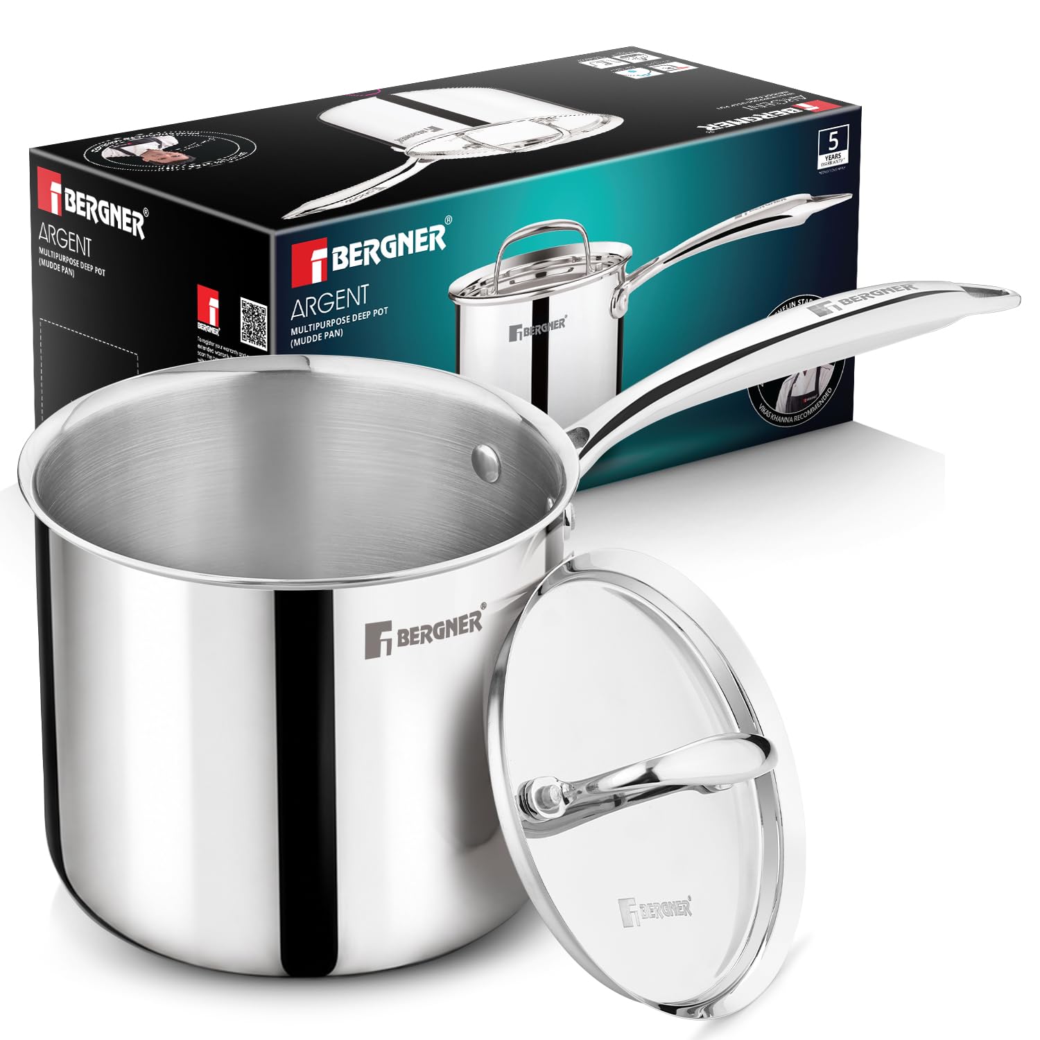 Bergner Argent Triply Mudde Pan deep pot with stainless steel lid and long stay-cool handle