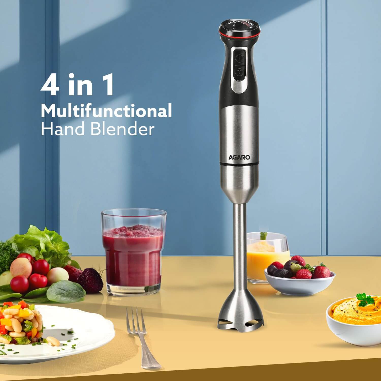 AGARO hand blender with speed regulator dial and multiple attachments for food preparation