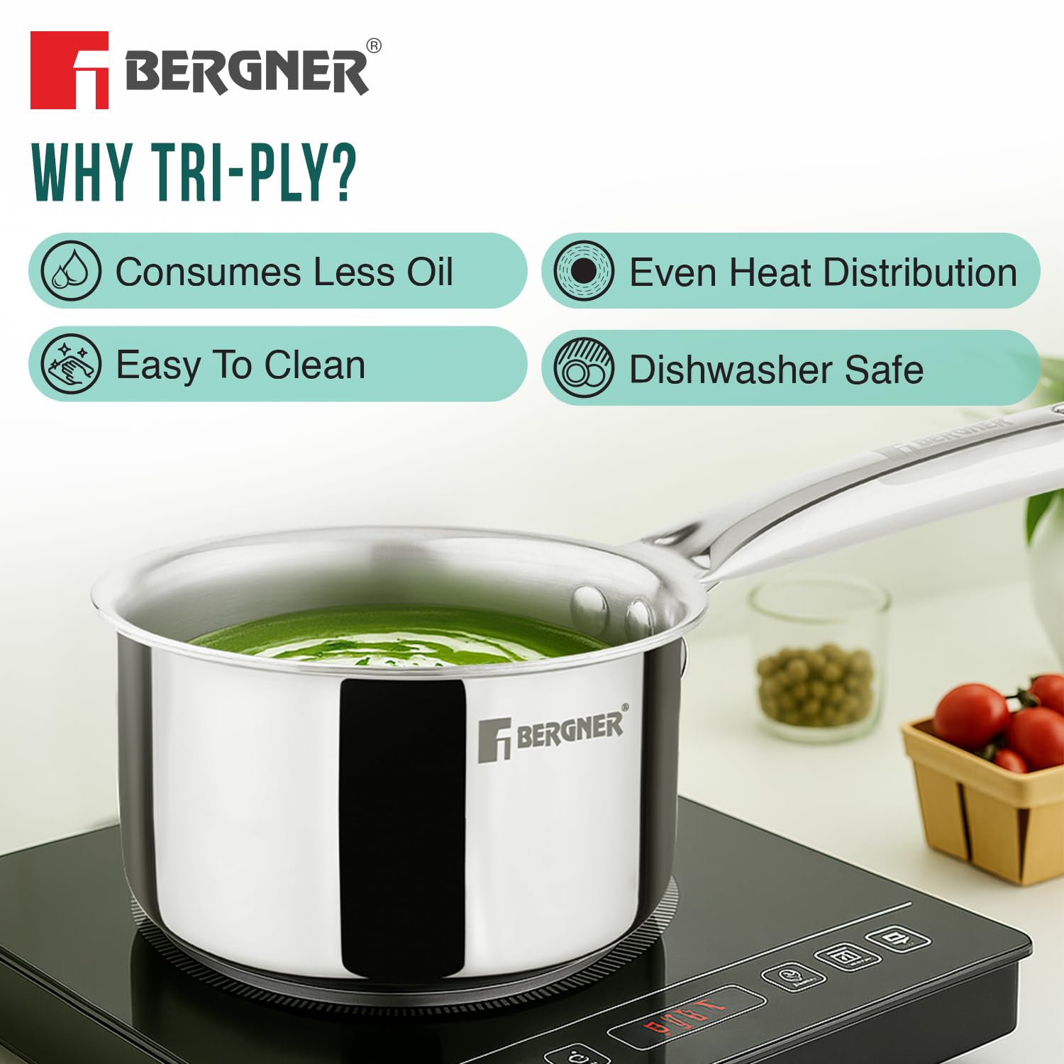 Induction-compatible stainless steel cooking set with 5-year warranty