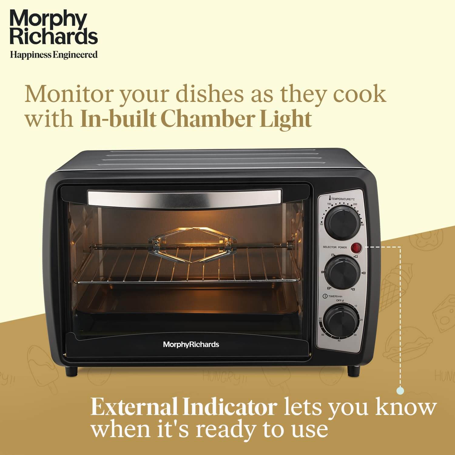 Morphy Richards 20R OTG Oven with in-built chamber light and external indicator for efficient cooking monitoring.
