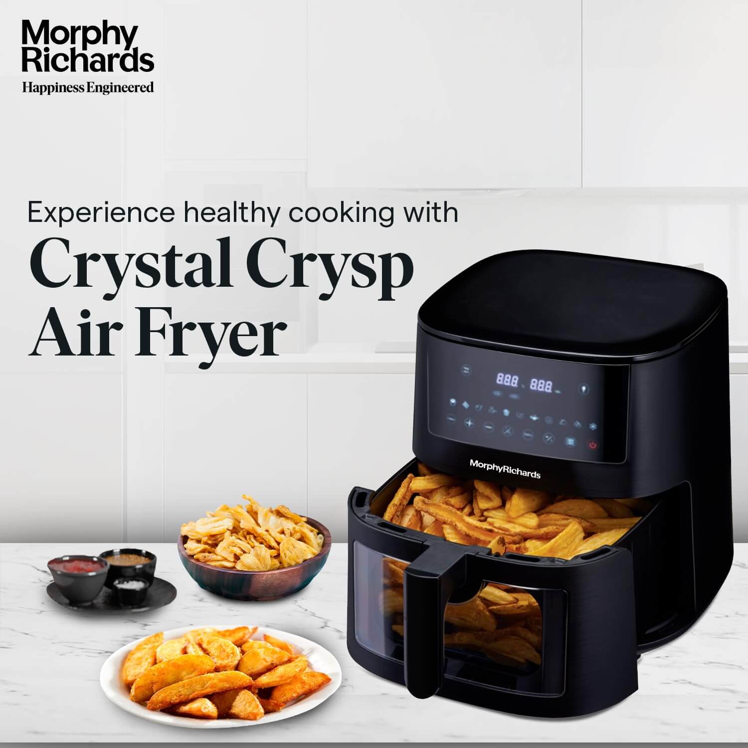 Morphy Richards Crystal Crysp Air Fryer with transparent window and fries in basket.