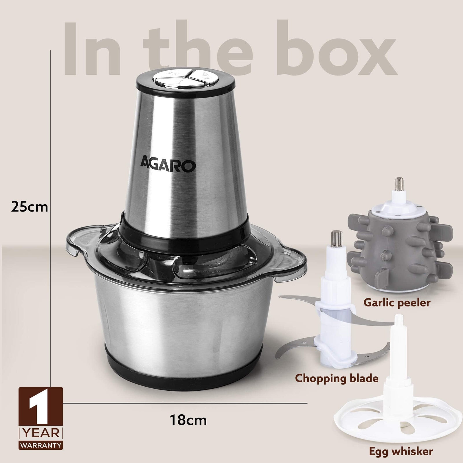 AGARO Delite Vegetable & Meat Chopper for Kitchen, Garlic Peeler, Egg Whisker, 2L Bowl, 400W Motor, 3 Speed Settings, Meat Grinder, Vegetable Mixer, Stainless Steel Body, Onion, Garlic, Fruits.