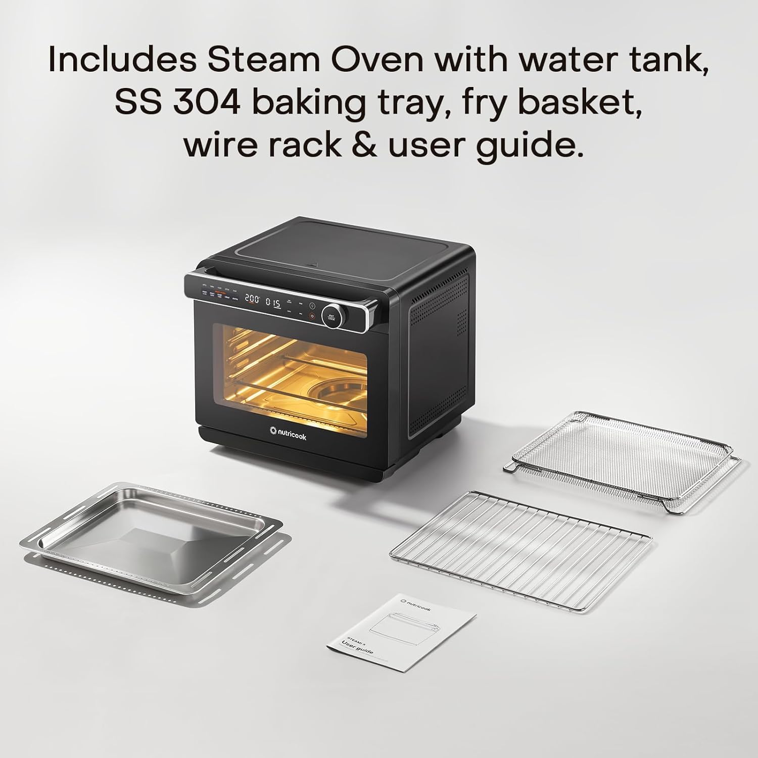 Nutricook Steami X 24L steam air fryer oven box contents with fry basket, baking tray, wire rack and user guide
