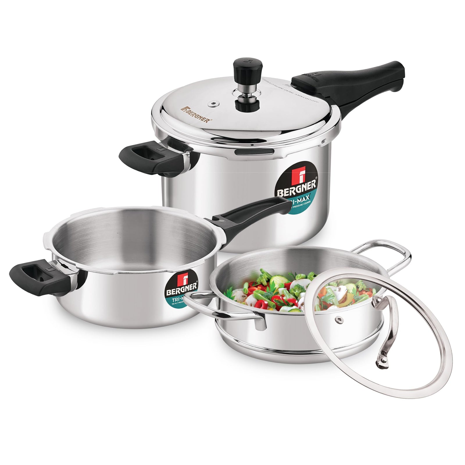 TriPly construction pressure cooker set showing mirror-finish stainless steel and induction base