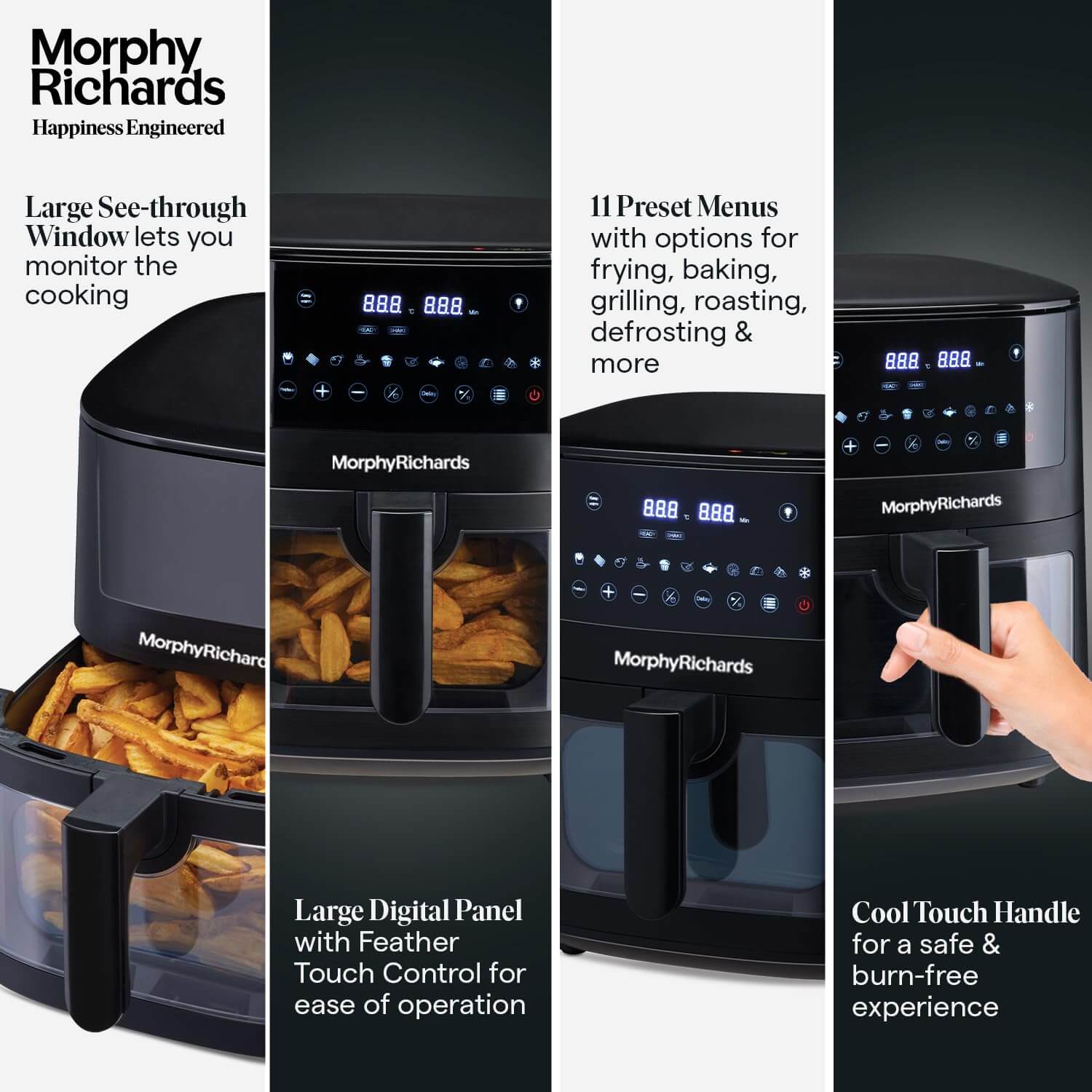 Morphy Richards Crystal Crisp Air Fryer showing see-through window, digital panel, and cool touch handle for safe use.