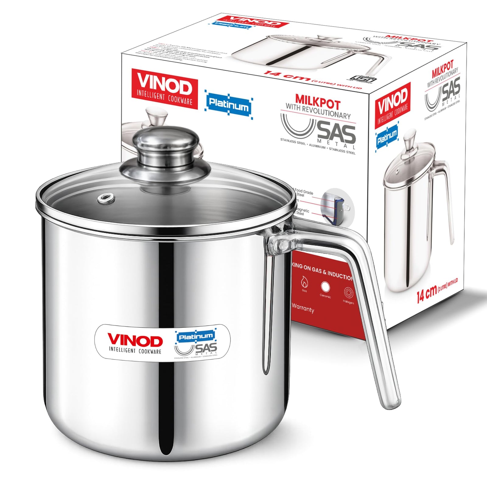 Vinod Platinum triply stainless steel milk pot 2 litre 14 cm with glass lid and box