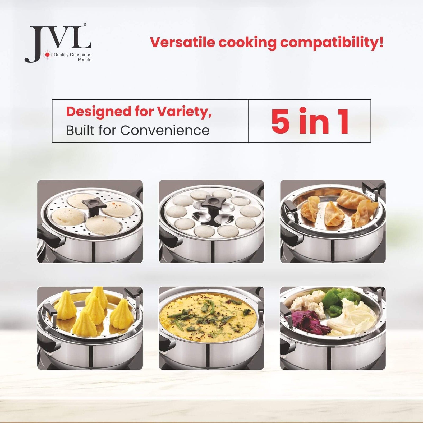 Induction compatible JVL steamer kadai set with 3 idli plates and stainless steel lid