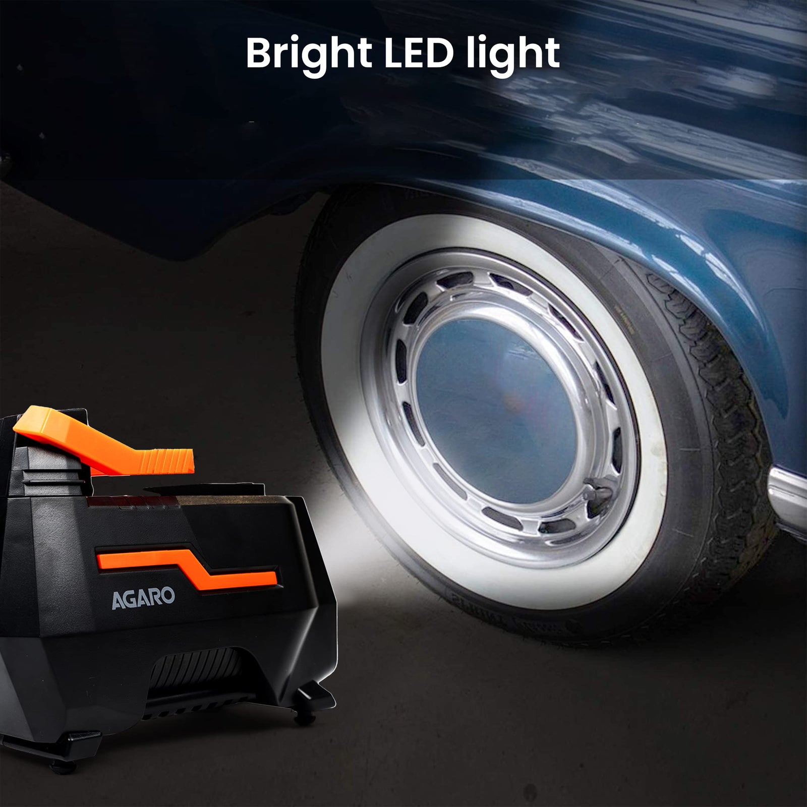 AGARO tyre inflator with bright LED light illuminating a car wheel at night