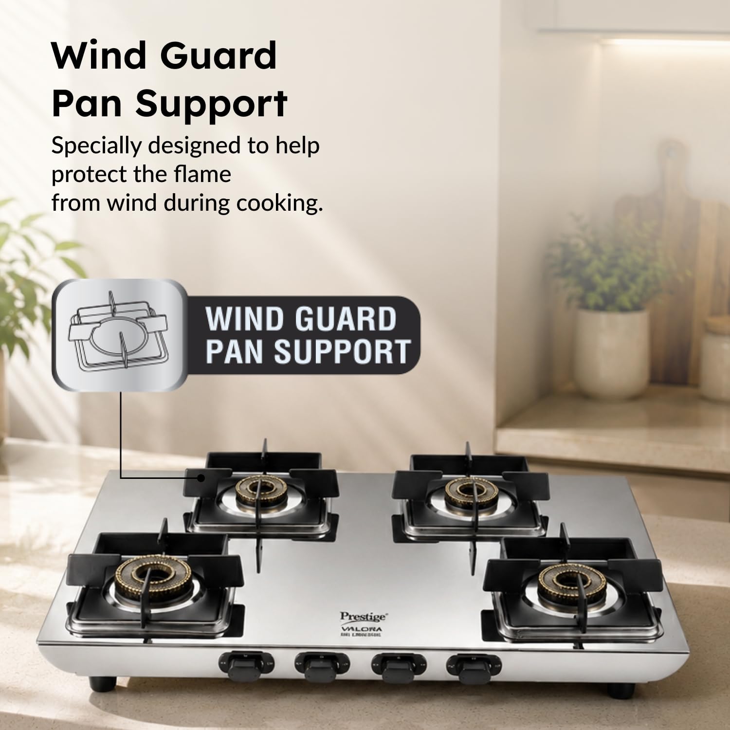 Prestige Valora 04B Stainless Steel Body L.P. Gas Stove 4 Brass Burners Silver|Wind Guard Pan Support|360° Revolving Nozzle|Removable Spill Tray