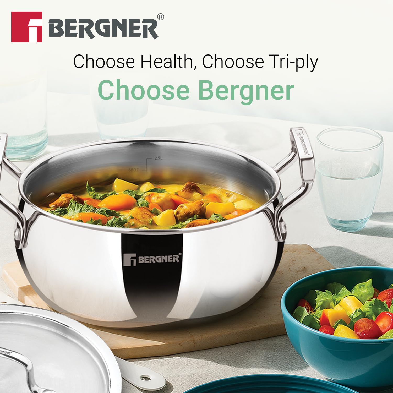 Bergner triply casserole set showing 16cm 18cm 20cm sizes with mirror finish