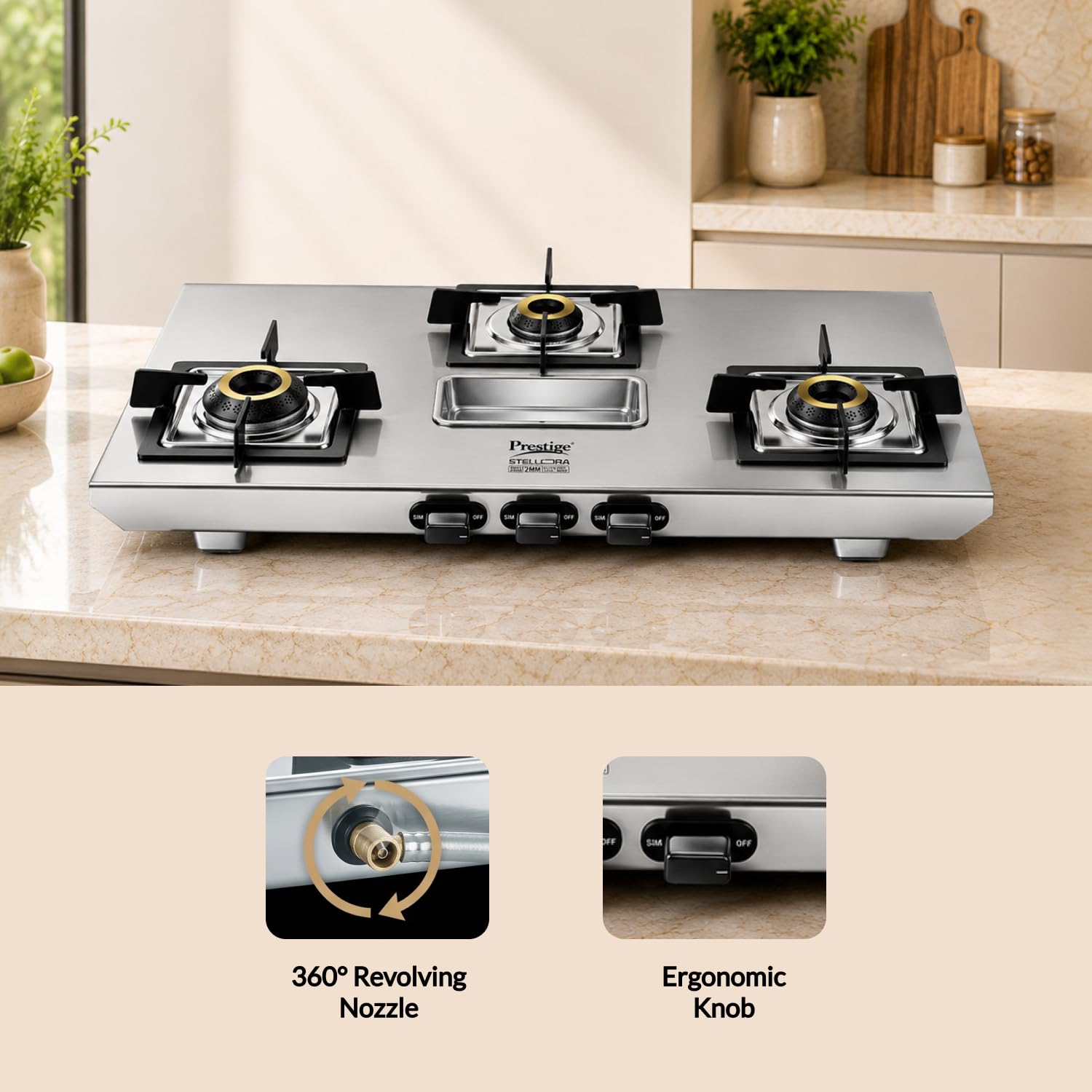 Prestige Stellora 3 Burner Stainless Steel Gas Stove โ Designer Forged Brass Burners, 15-Year Body Warranty