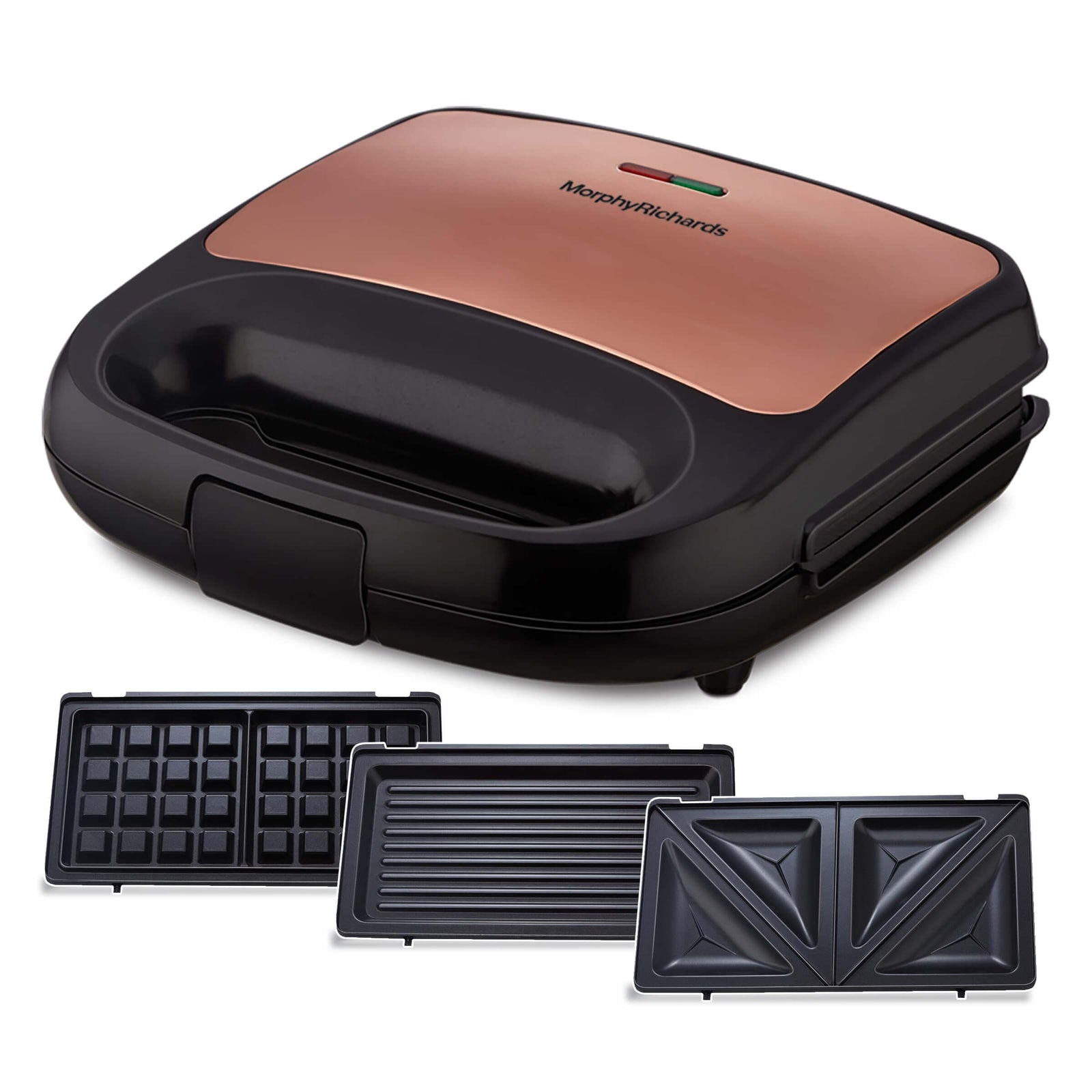Morphy Richards 750W 3-in-1 Sandwich Maker with rose gold finish and interchangeable plates for waffles, grilling, and toasting.