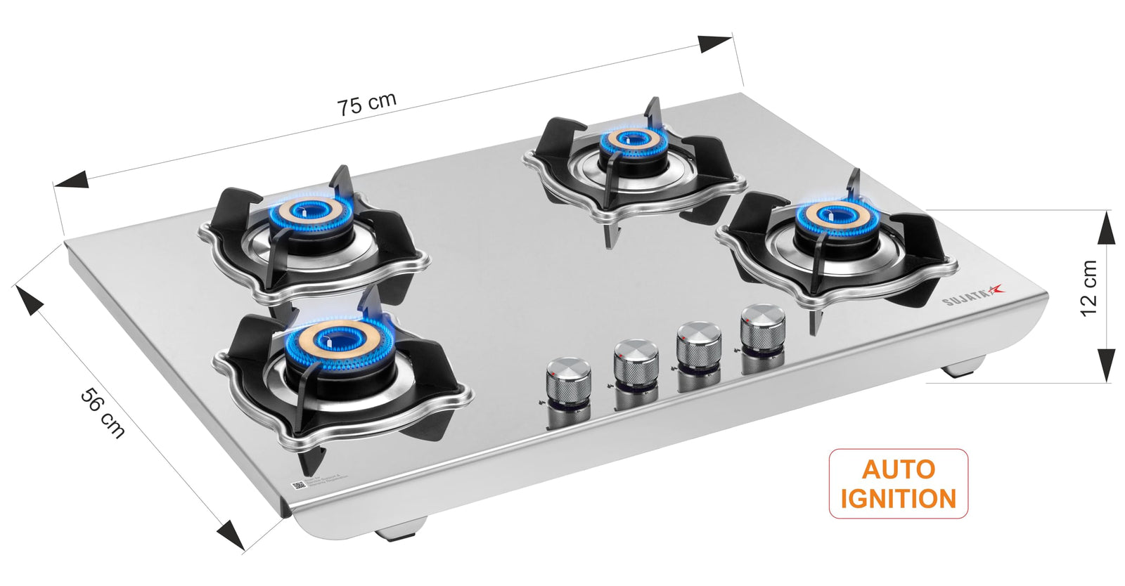 Sujata 4 burner auto ignition gas stove dimensions 75cm x 56cm with 9 year complete product warranty