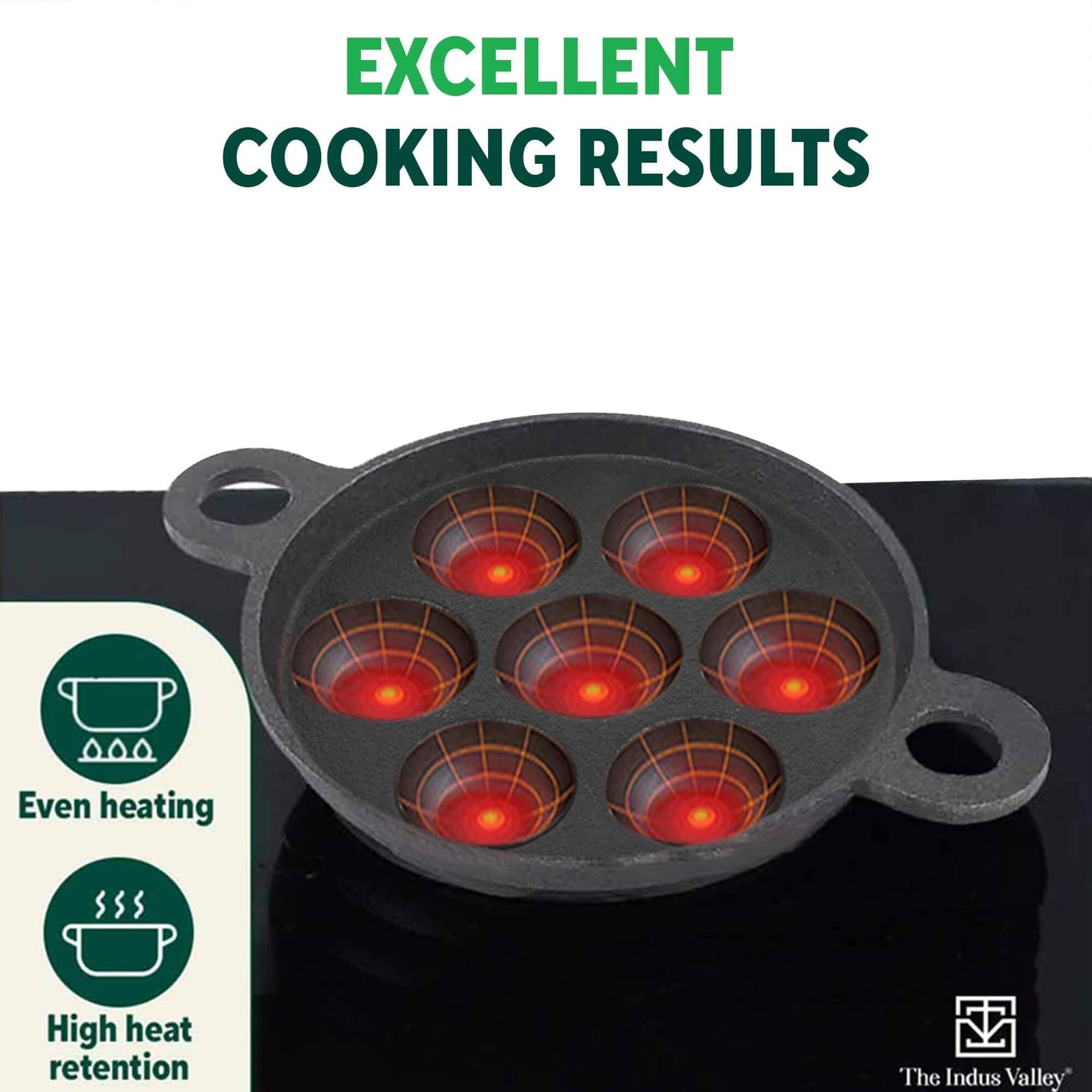 Indus Valley cast iron paniyaram pan showcasing 7 pits, emphasizing even heating and high heat retention for optimal cooking results.