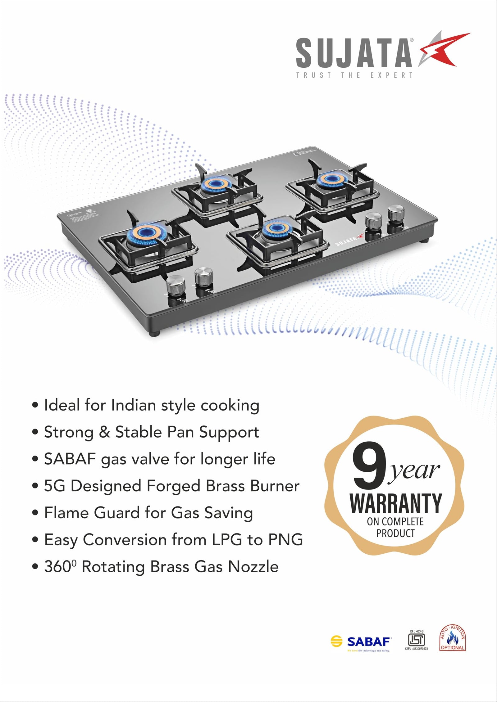 Sujata gas stove premium model 4 burner cross model with features listed on a white background