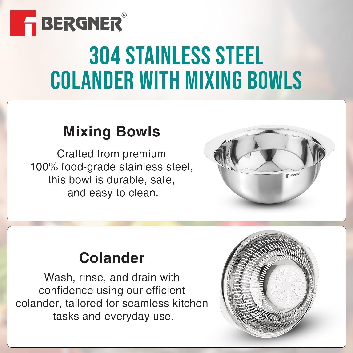 BERGNER 26cm 2-in-1 Stainless Steel Colander Bowl 3.6L