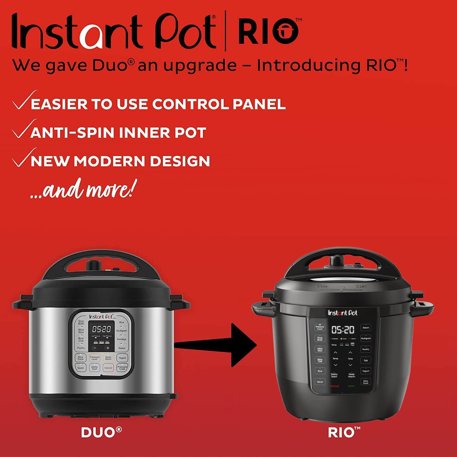 Instant Pot RIO 6QT with accessories and recipe app.