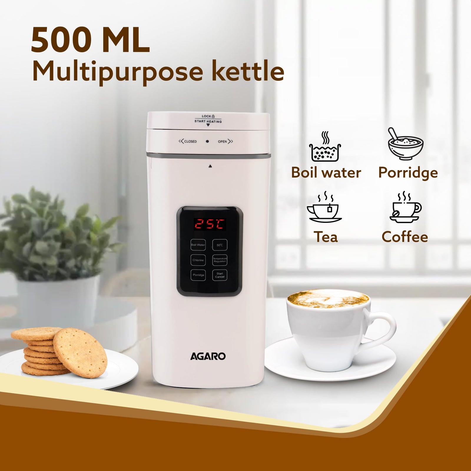 AGARO Delite Portable Electric Kettle, 500 Ml, Adjustable Temperature, Fast Boiling, White