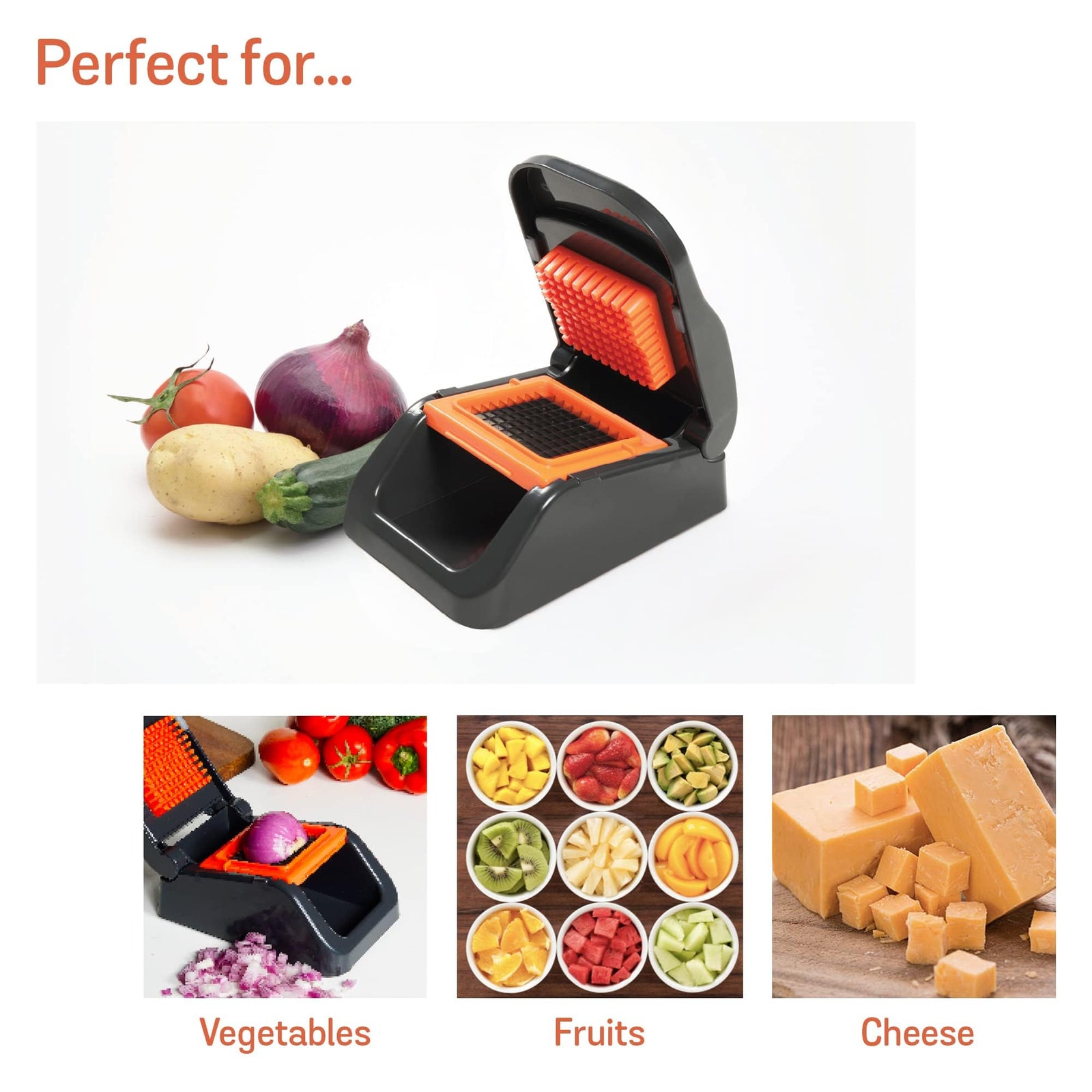 Hand pressing down on the Meyer 2 in 1 push dicer to cut onion into uniform cubes