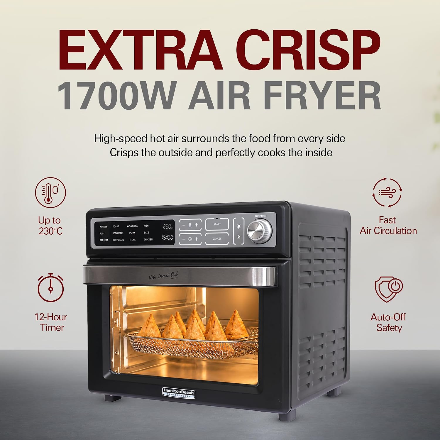 Hamilton Beach 1700W air fryer oven up to 230°C with 12-hour timer and auto-off safety