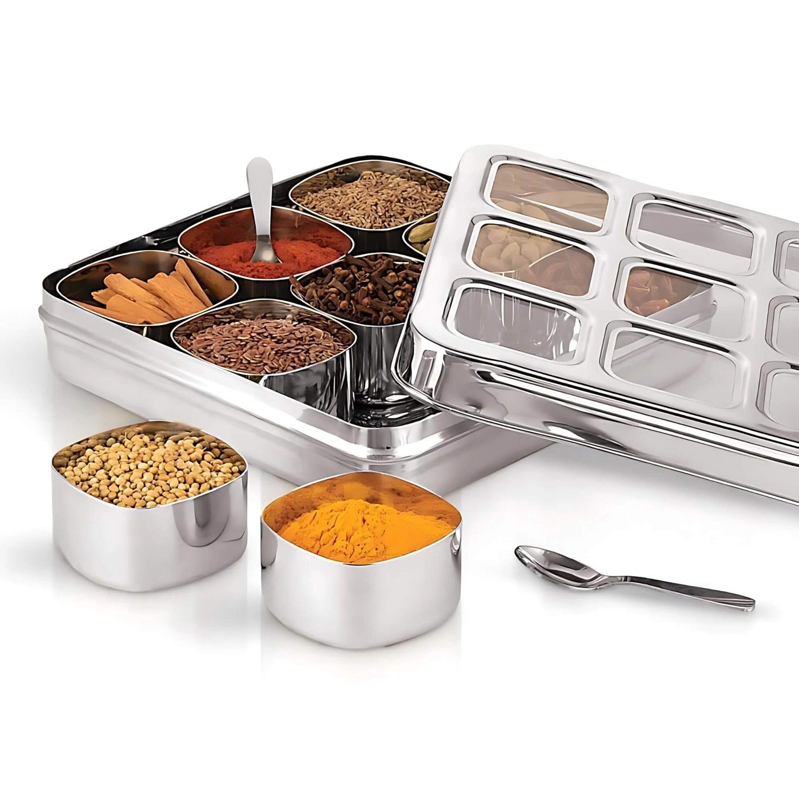 Kitchen Mart stainless steel 9-compartment masala box with transparent lid