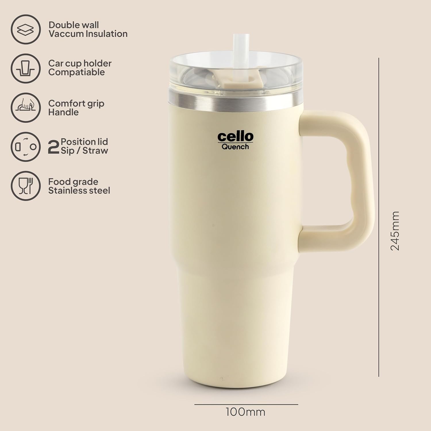 Cello Quench Insulated Stainless Steel Tumbler 550ml with Straw & Handle