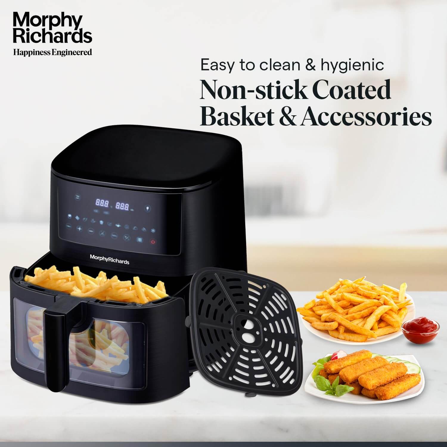 Morphy Richards air fryer with non-stick basket and accessories, easy to clean and hygienic.