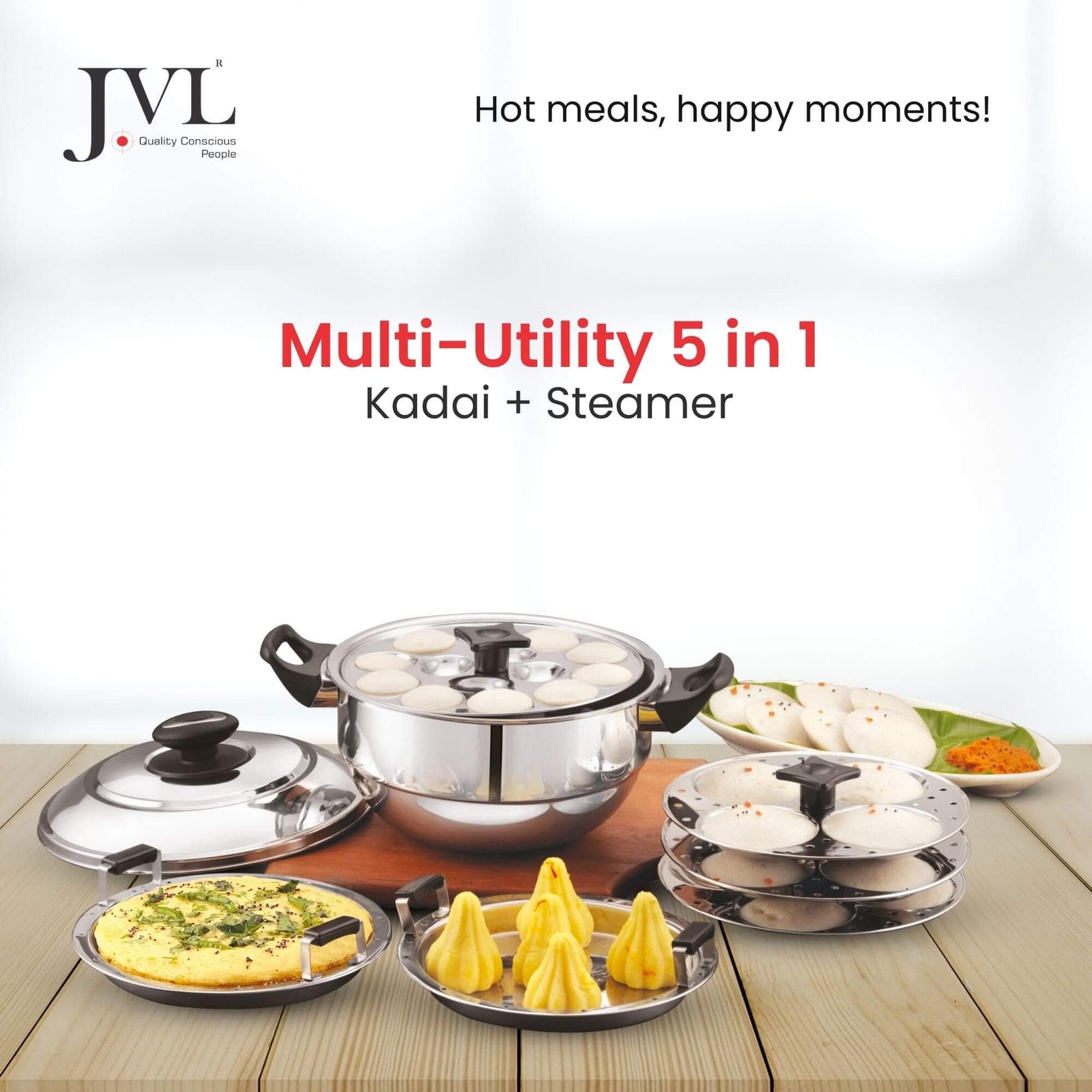 Professional tri-ply multi steamer kadai with cool-touch handles and mirror finish