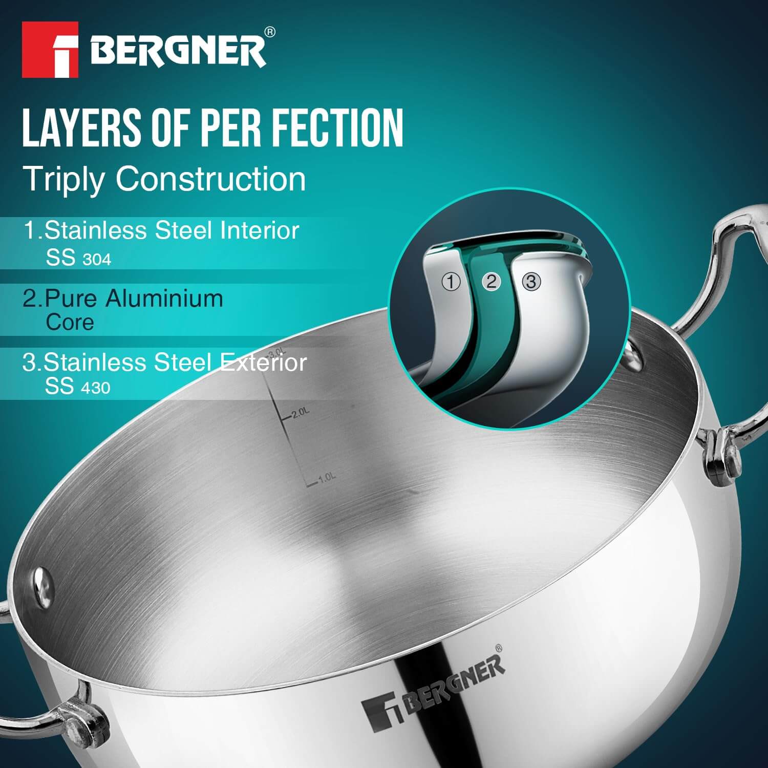 Bergner Argent Triply Cookware Set with Frypan, Casserole, and Lids