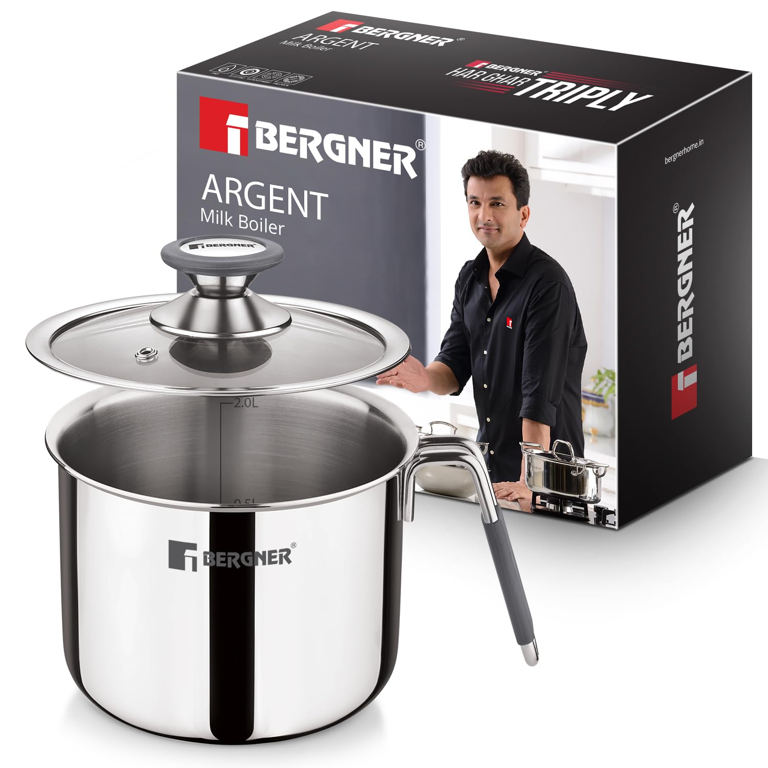 Bergner Argent Triply Stainless Steel Milk Boiler with Glass Lid & Stay-Cool Handle