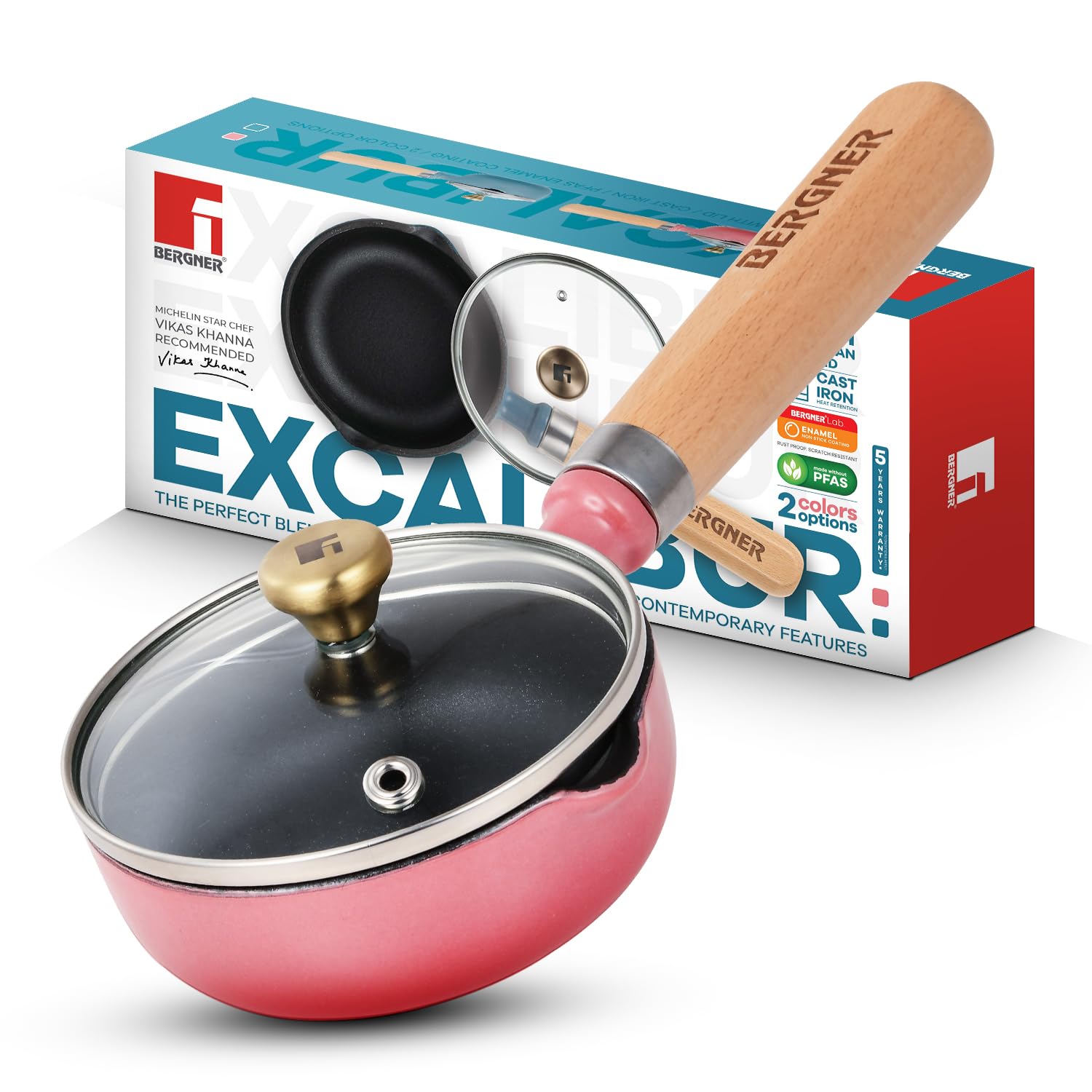 Bergner Excalibur lightweight cast iron tadka pan 12cm in elegant pink finish with matching lid