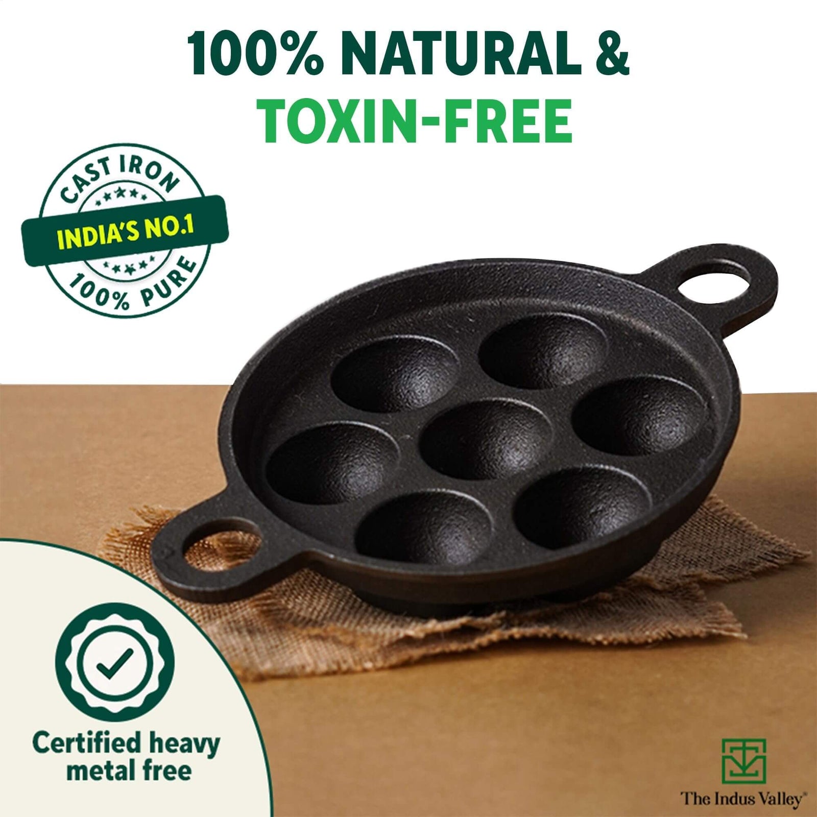 Indus Valley cast iron paniyaram pan with 7 pits, 100% natural and toxin-free cookware for healthy meals.
