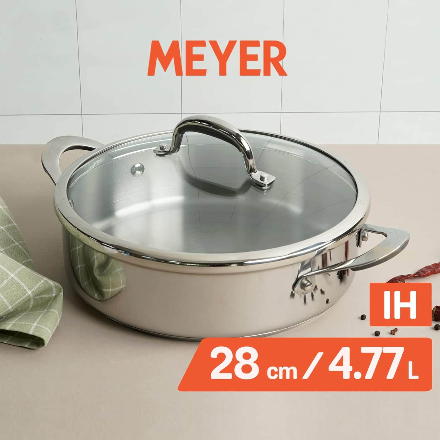 Meyer Select Nickel-Free Stainless Steel Sauteuse with Glass Lid | Triply Base Steel Pan | Gas & Induction Compatible | Dishwasher Safe