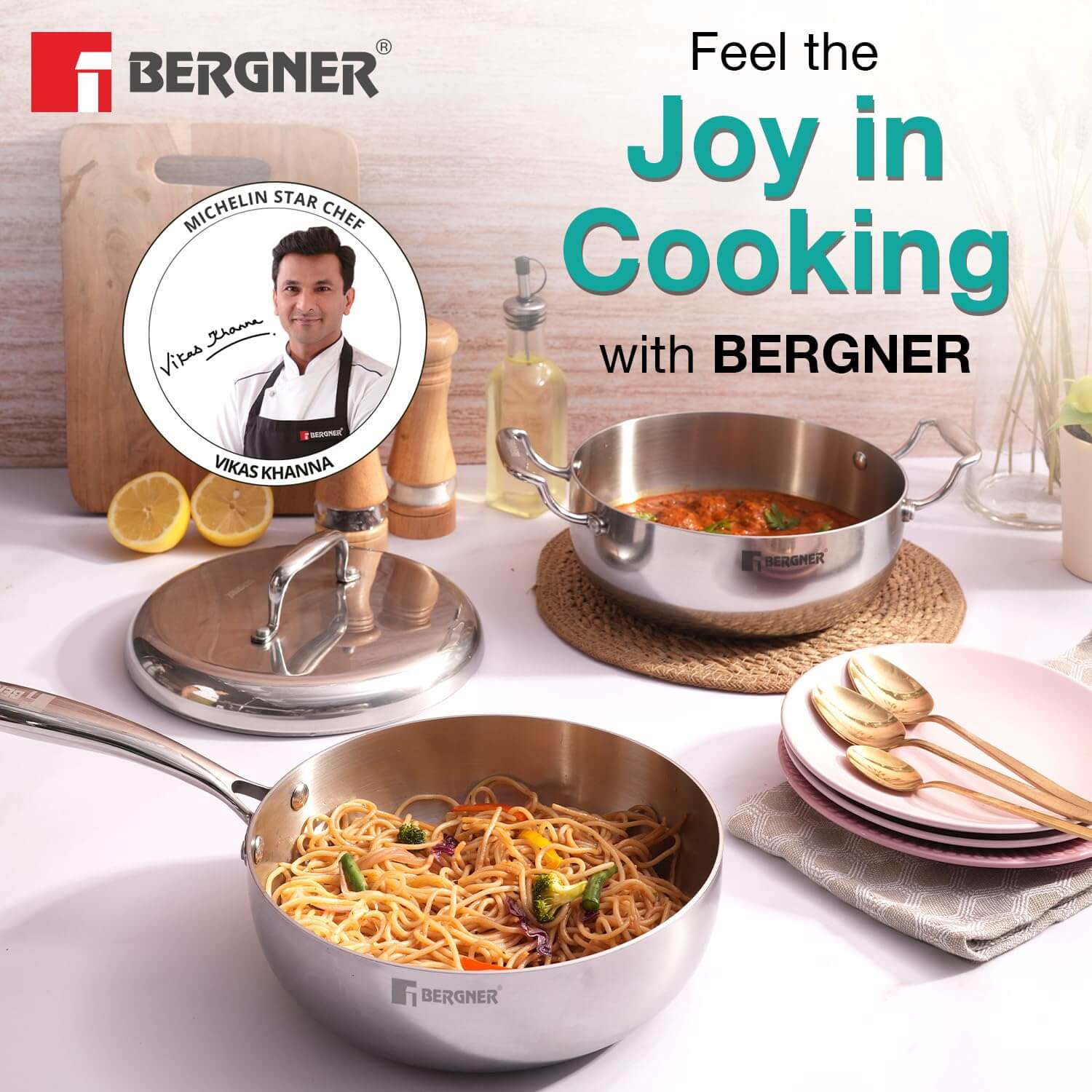 Bergner Argent Triply Cookware Set with Frypan, Casserole, and Lid lifestyle image