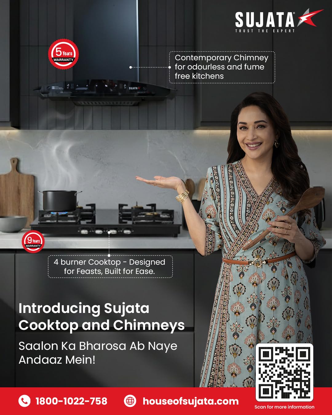 Sujata Classic 4 Burner Gas Stove | 8mm Glass Top | SABAF | 9 Yr Warranty