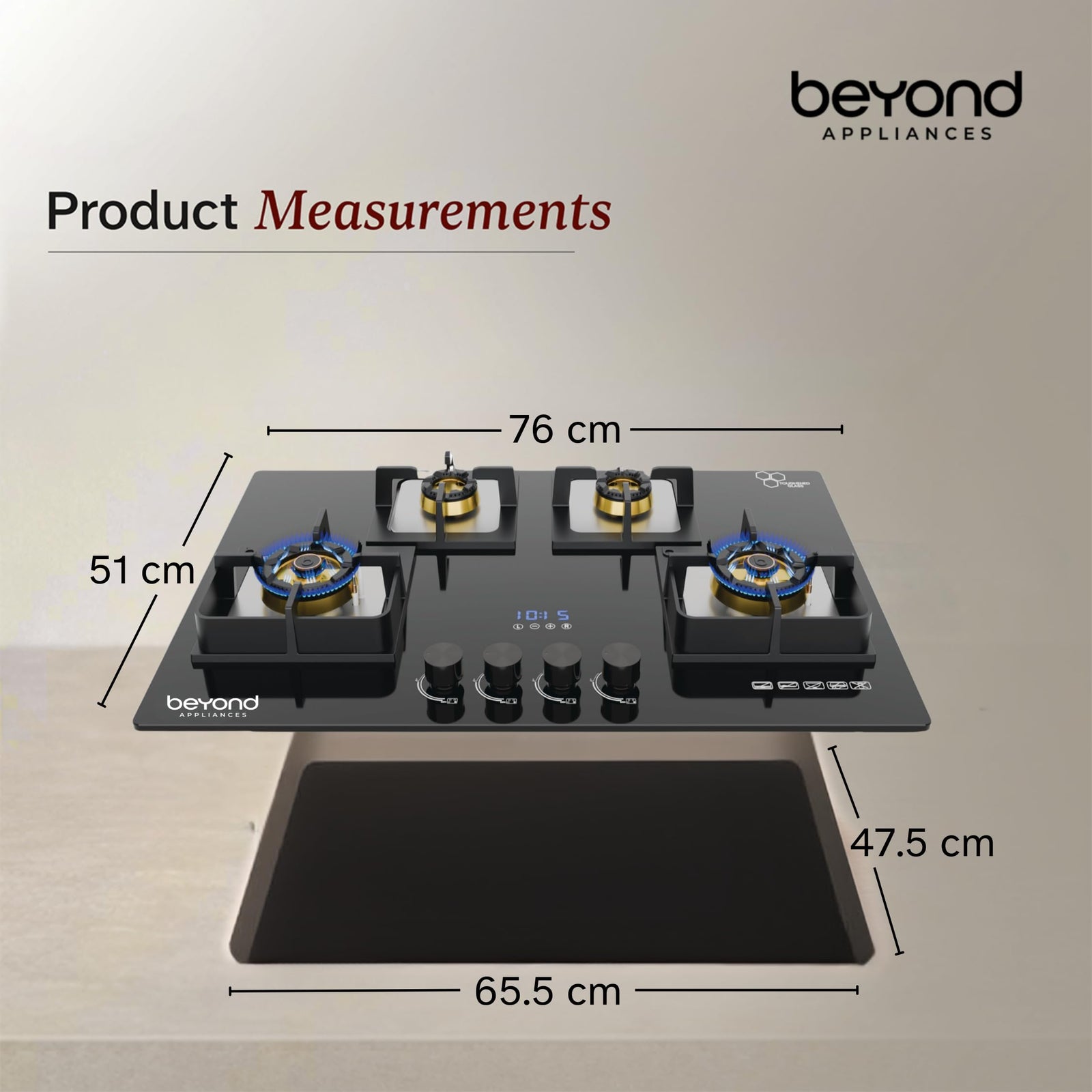 Beyond Dorado 4 burner gas hob product dimensions 76 cm width 51 cm depth measurement diagram
