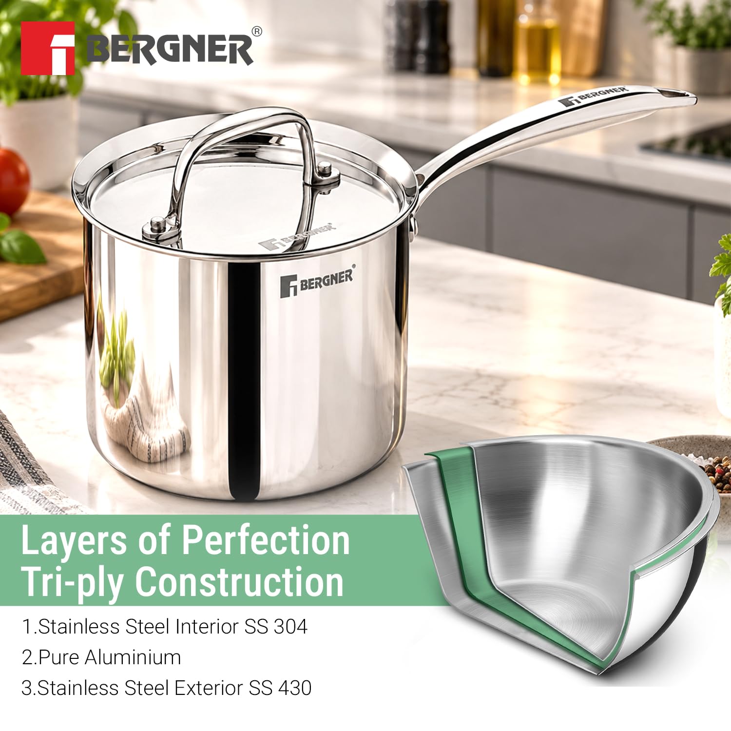 Tri-ply construction – SS 304 inner, aluminium core, SS 430 outer layer