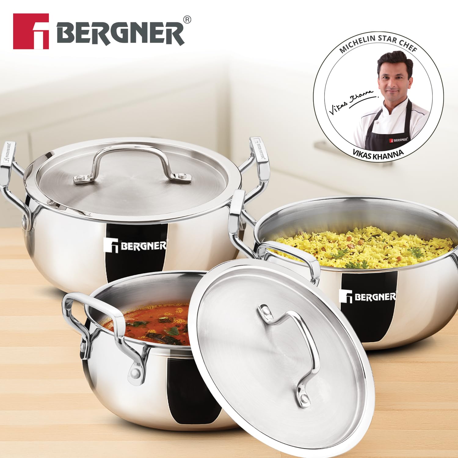 Belly shape biryani handi style casseroles in three graduated sizes with lids