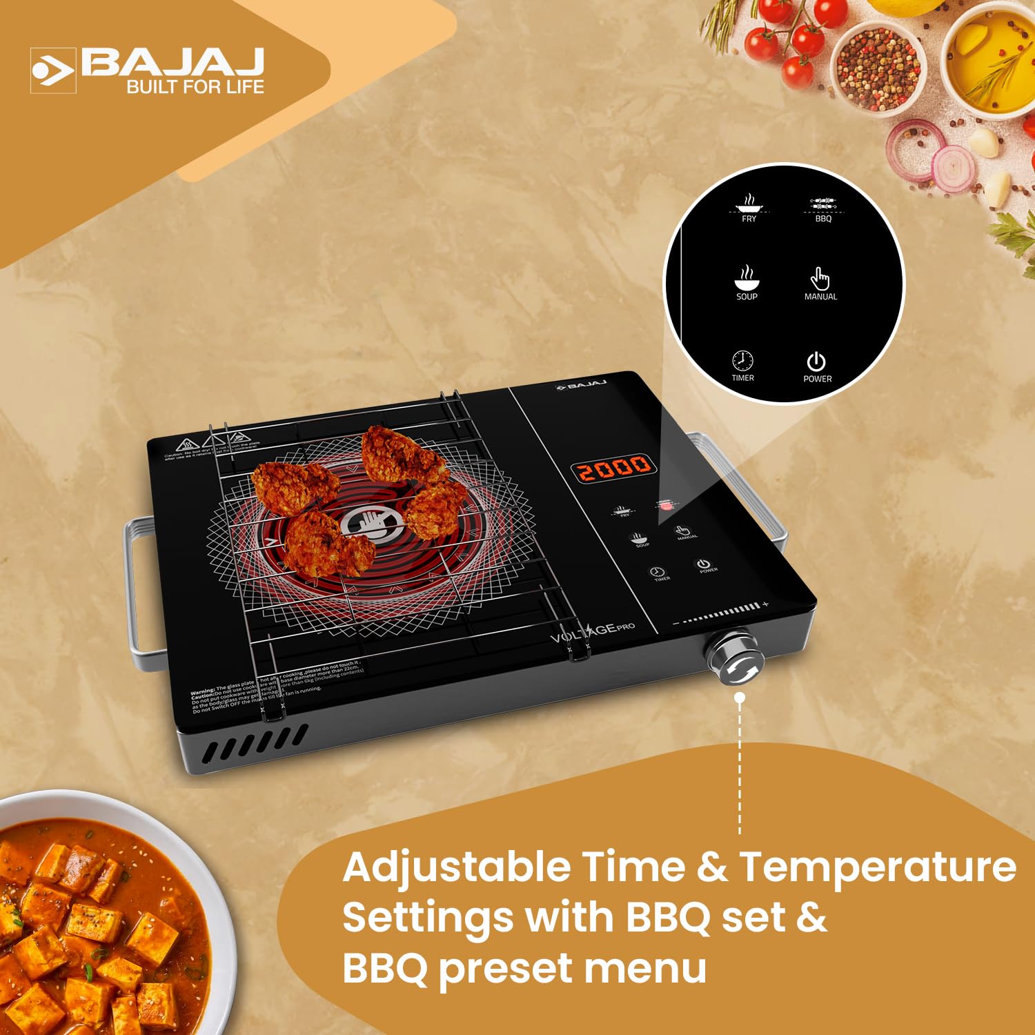 Bajaj IRX 220F 2200 watt infrared cooktop with Voltage Pro technology for Indian kitchens