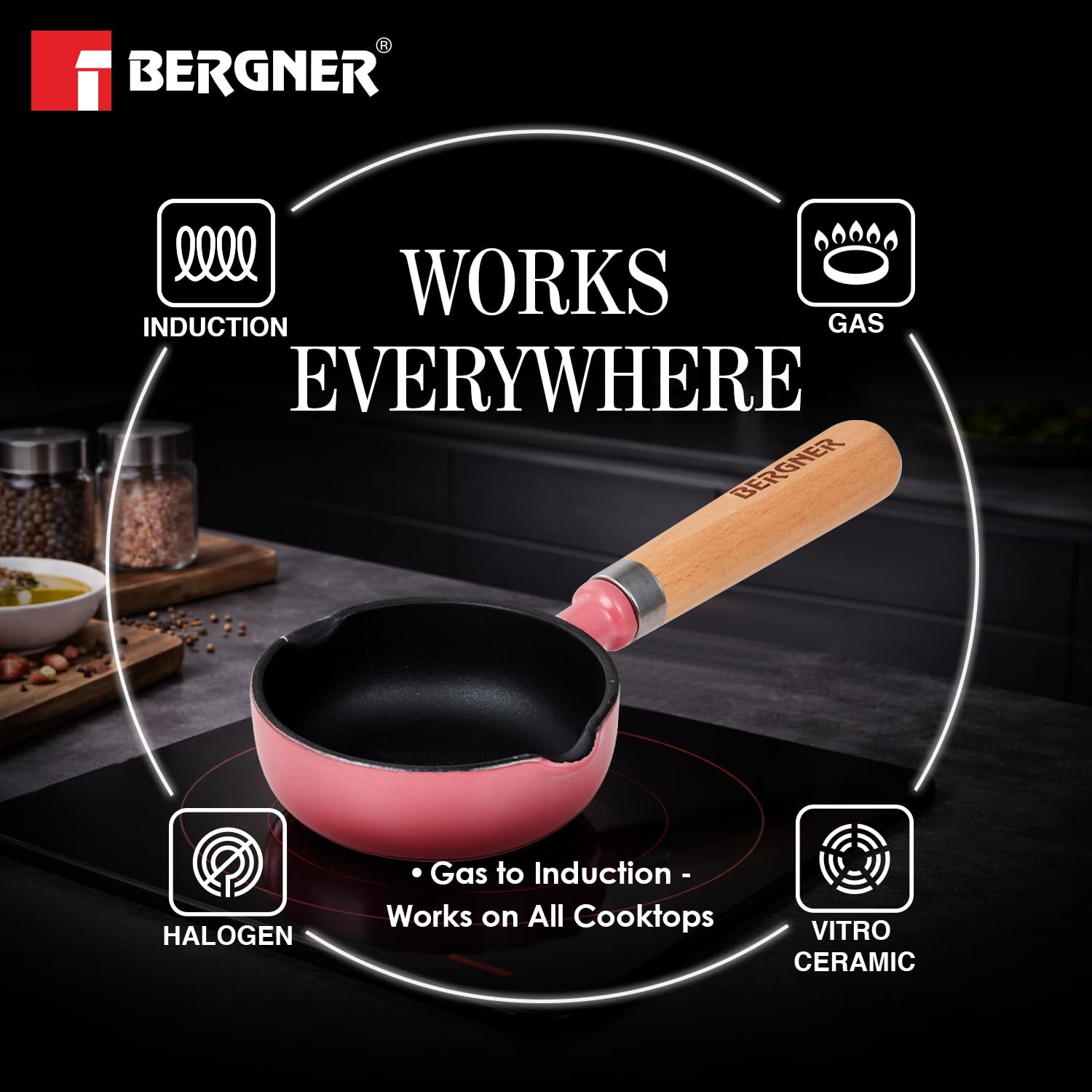 Indian tadka pan in pink enamel by Bergner with 5-year warranty, induction and gas compatible