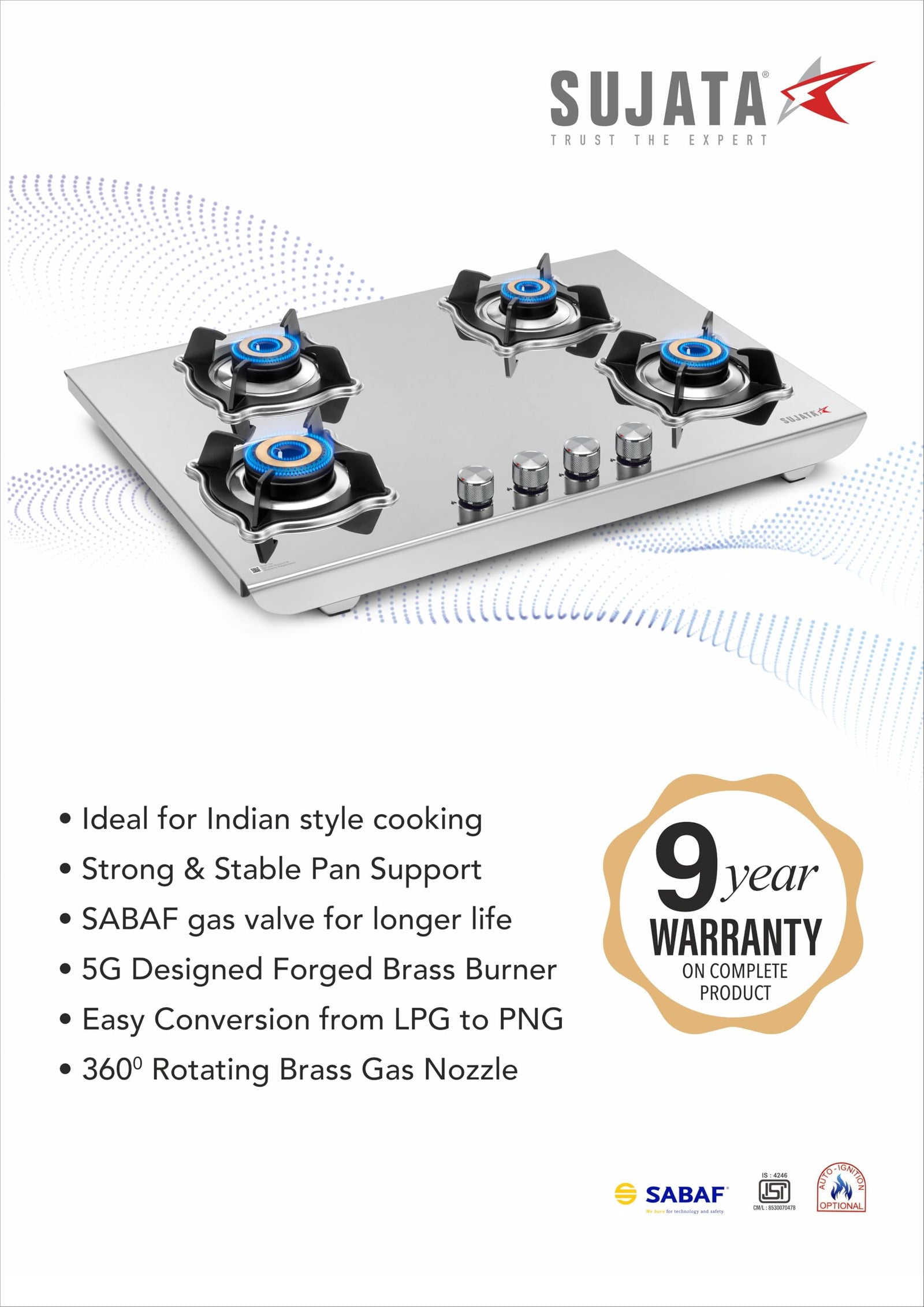 Sujata 4 burner gas stove with SABAF valve strong pan supports and auto ignition alloy knobs