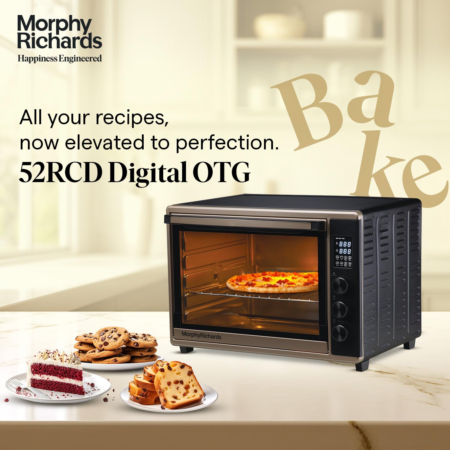 Morphy Richards 52RCD Digital OTG for baking, grilling, toasting shown with assorted baked goods including pizza, cookies, red velvet cake, and fruit bread