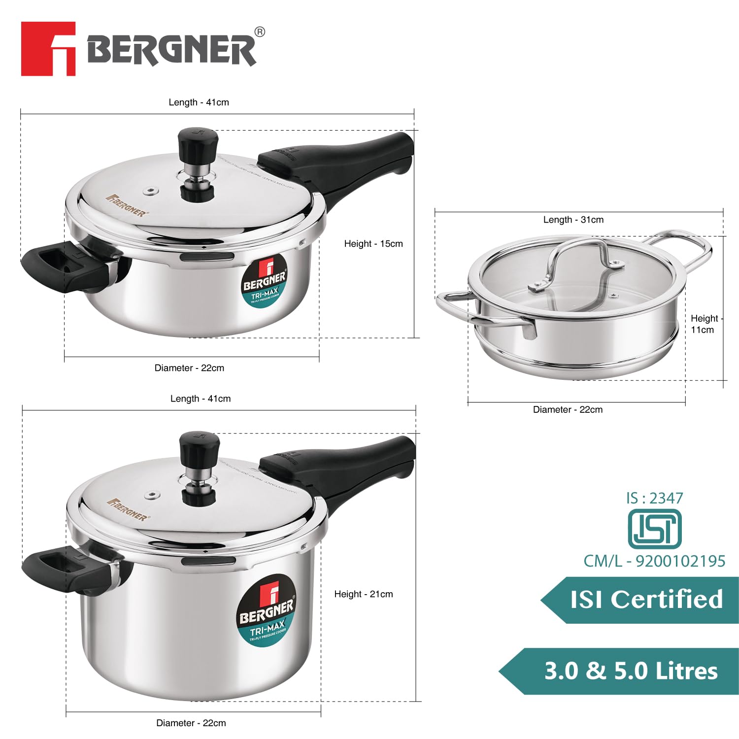 Premium stainless steel TriPly pressure cooker set with glass lid steamer for induction and gas cooking