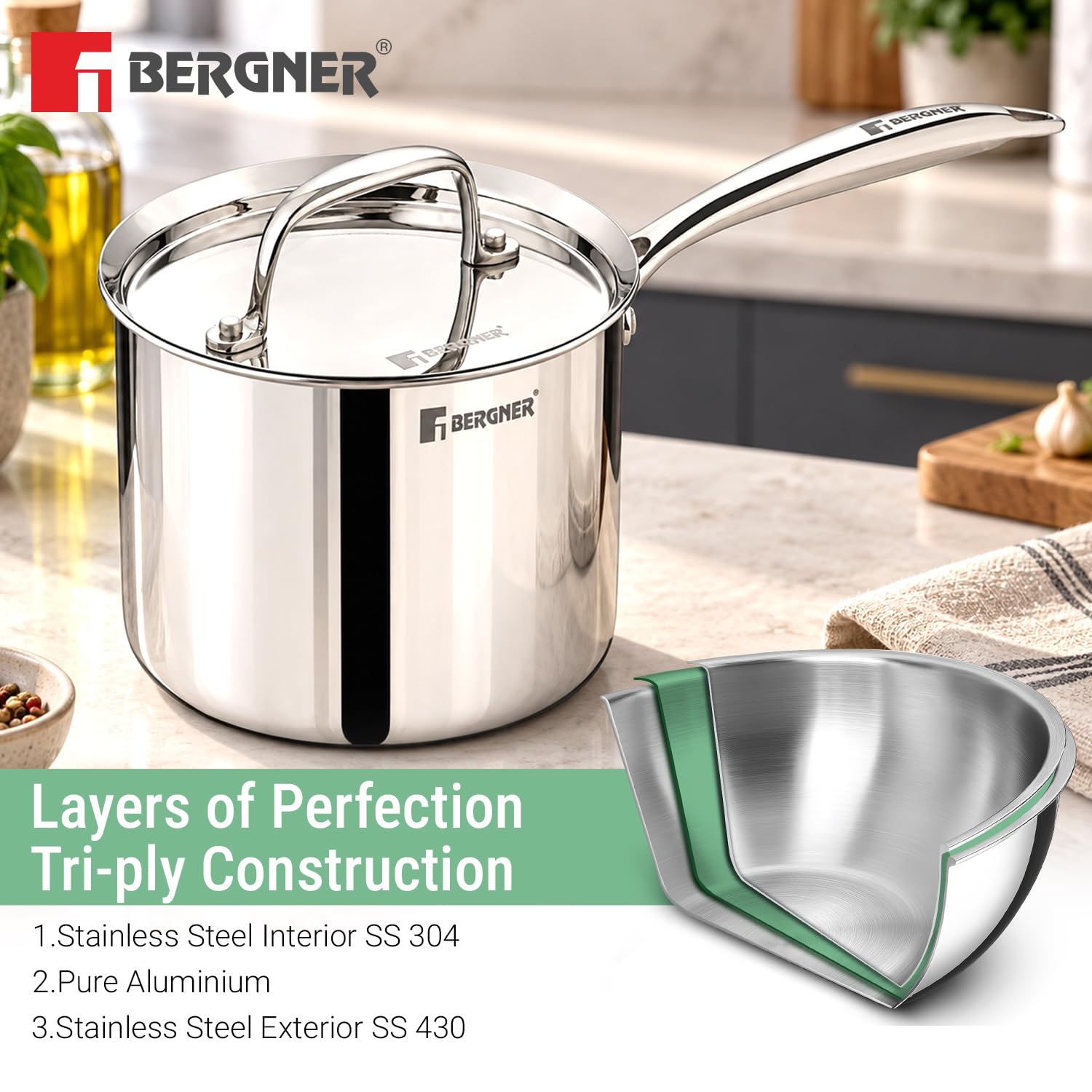 Bergner Argent Triply Mudde Pan with Lid – Multipurpose Deep Pot for Ragi Mudde, 12cm & 16cm