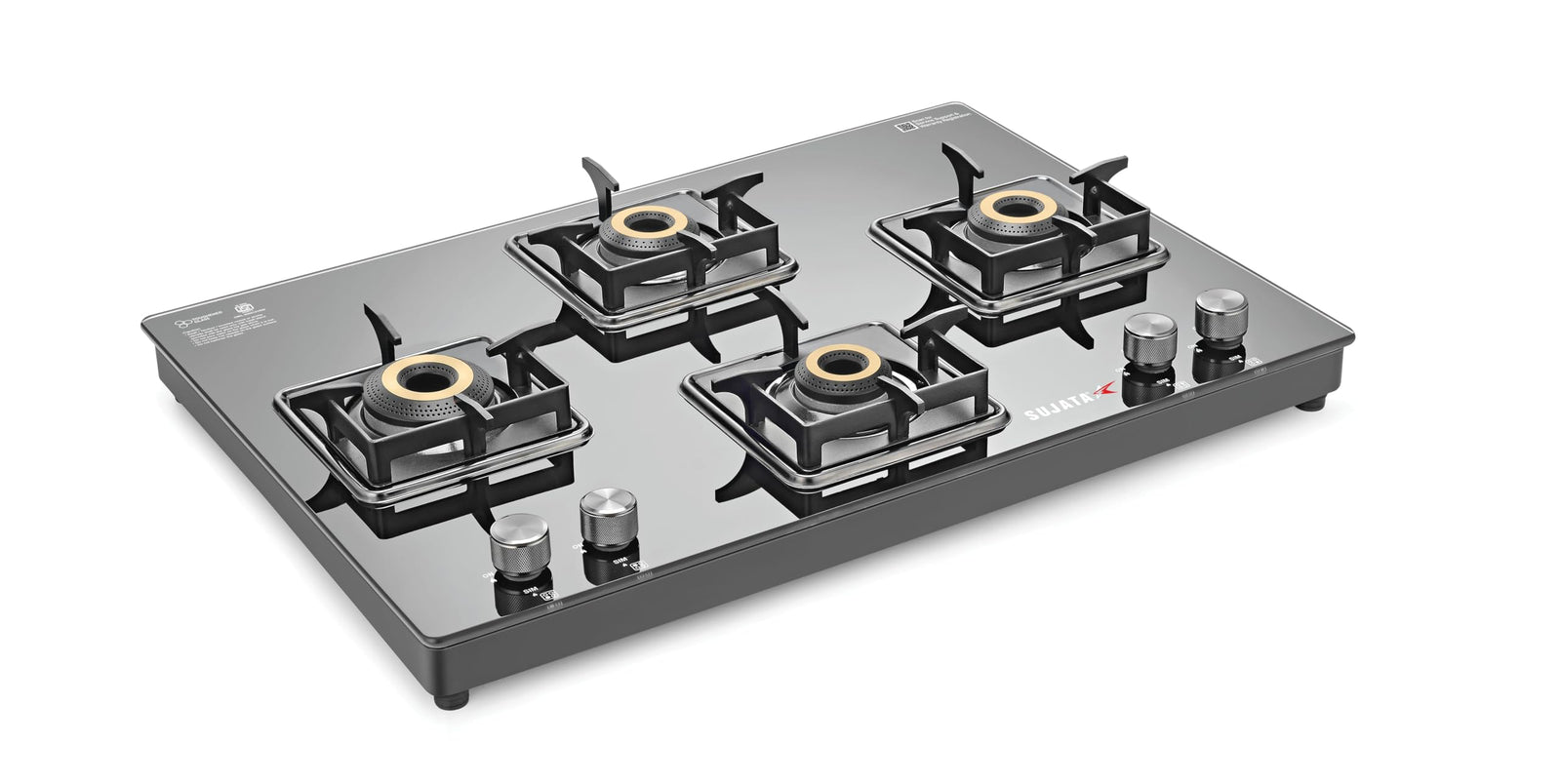 Sujata Premium Cross 4 Burner Glass Top Gas Stove | 9 Year Warranty | SABAF Valve | ISI Certified