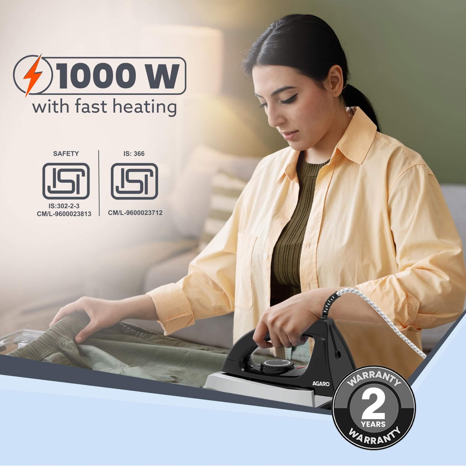 1000W AGARO electric iron with multi-fabric temperature control dial