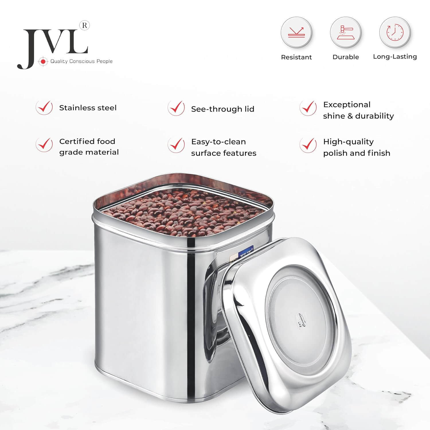 JVL Square Tin with Transparent Lid | Premium Dry Storage Box for Kitchen