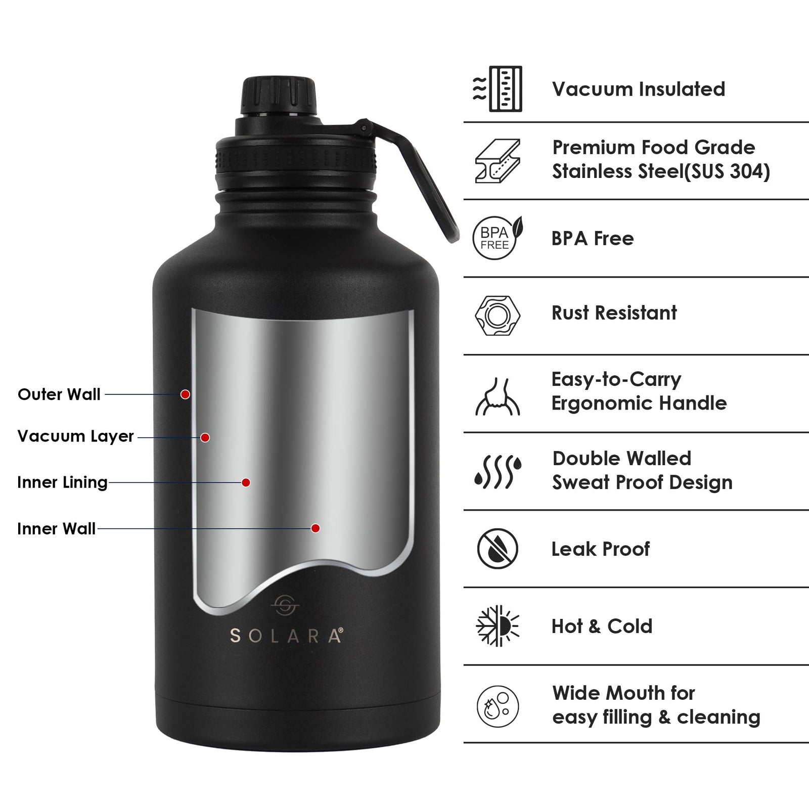 SOLARA thermosteel hot and cold flask 2 litre with sports cap